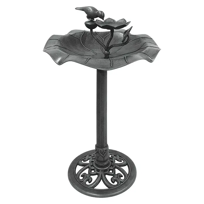 Vogeltränke - Grau, Ø x H: 50 x 81 cm, Motiv: Vogel mit Blüte - Vorderansicht