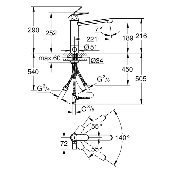 Grohe Spültischarmatur Eurosmart Cosmopolitan - L-Auslauf, Chrom, Glänzend, Maschinenanschluss