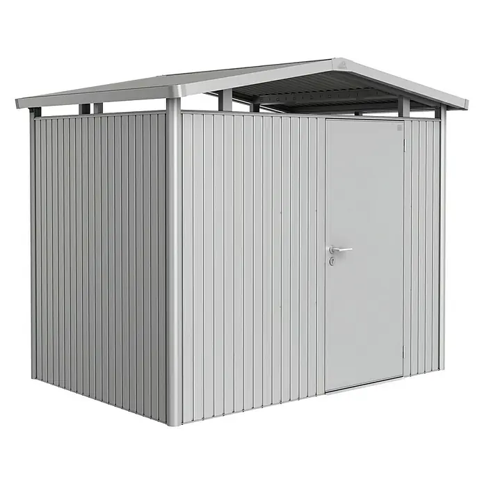 Biohort Gerätehaus Panorama - Außenbreite inkl. Dachüberstand: 273 cm, Außentiefe inkl. Dachüberstand: 198 cm, Stahl, Silber Metallic, Einzeltür - Vorderansicht