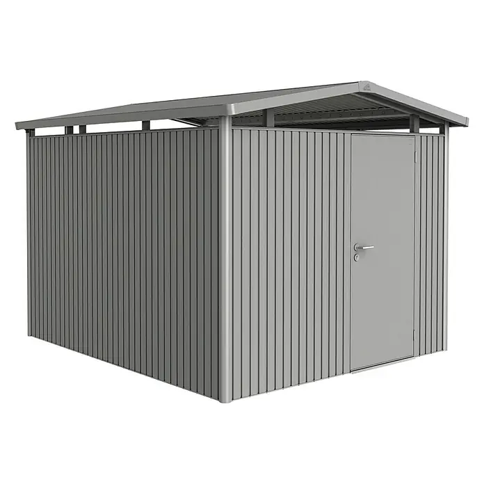 Biohort Gerätehaus Panorama - Außenbreite inkl. Dachüberstand: 273 cm, Außentiefe inkl. Dachüberstand: 318 cm, Stahl, Quarzgrau Metallic, Einzeltür - Vorderansicht