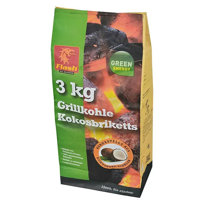 Flash Drveni ugljen za roštilj - 3 kg, Kokos - Pogled sprijeda