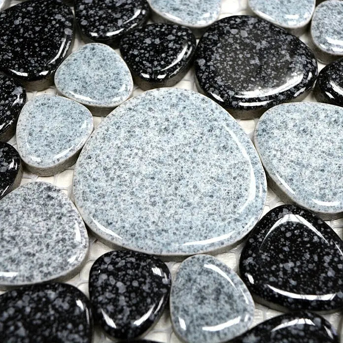 Mosaikfliese Kiesel XKM 33 - 30 x 30 cm, Schwarz/Weiß, Glänzend