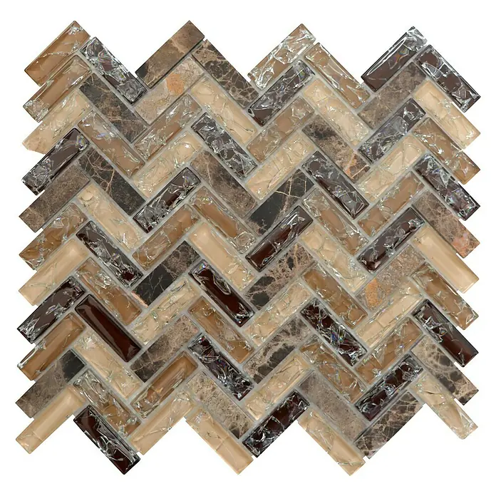 Mosaikfliese Fischgrät Crystal Mix XIC HB1555 - 26,3 x 29,3 cm, Dunkelbraun, Glänzend - Ansicht von oben