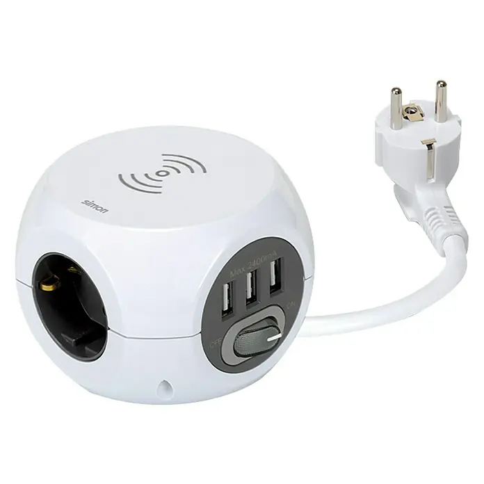 Simon Bola de enchufes con USB + carga inalámbrica Combi Ball - Número de enchufes Schuko: 3 ud., Blanco