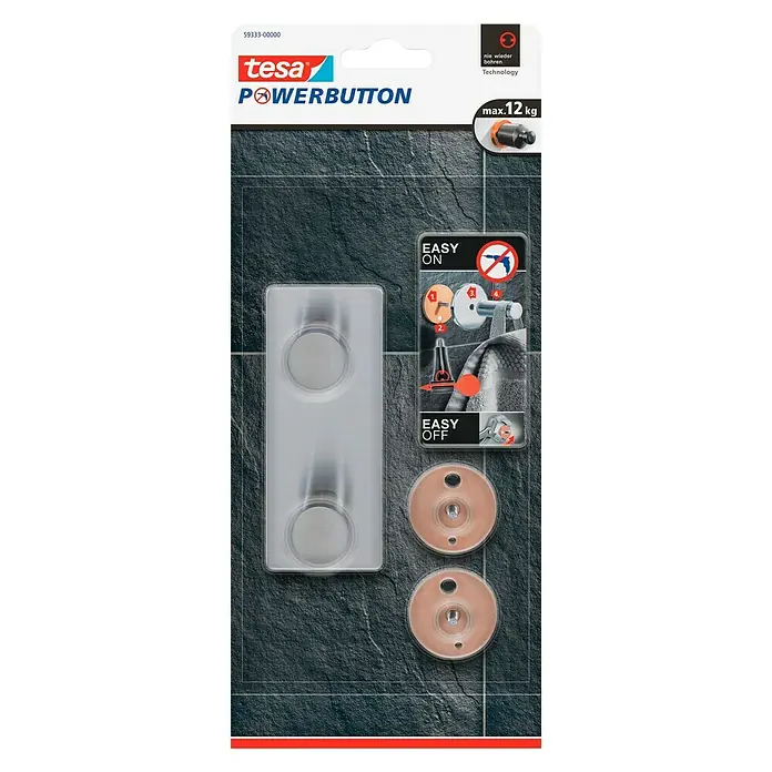 Tesa Powerbutton Doppelhaken Classic - Rechteckig, Edelstahl, Selbstklebend