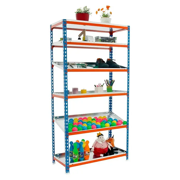 Simonrack Simonclick Estantería metálica Superplus - L x An x Al: 40 x 110 x 250 cm, Capacidad de carga: 180 kg/balda, Número de baldas: 6 ud., Azul/Naranja