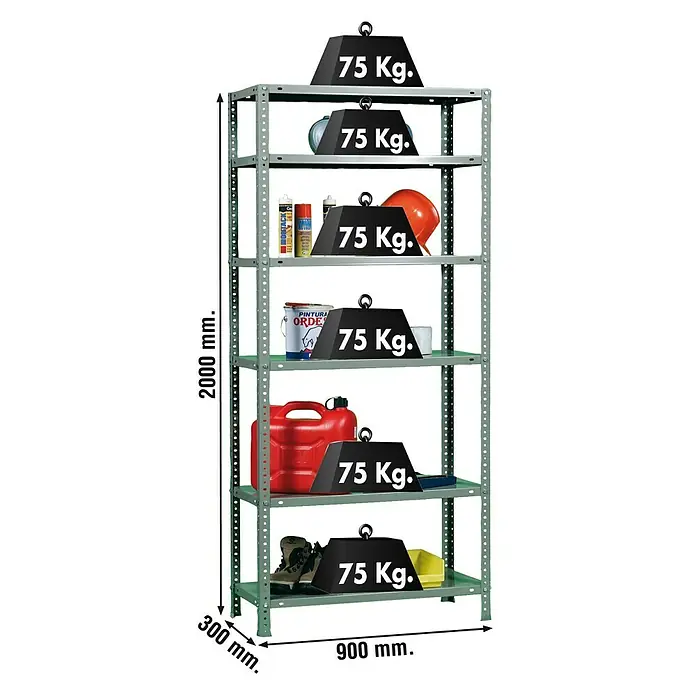Simonrack Simonclassic Estantería metálica Advantage - L x An x Al: 30 x 90 x 200 cm, Capacidad de carga: 75 kg/balda, Número de baldas: 6 ud., Atornillado, Gris