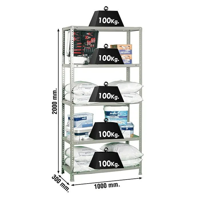 Simonrack Comfort Estantería metálica Plus - L x An x Al: 30 x 100 x 200 cm, Capacidad de carga: 100 kg/balda, Número de baldas: 5 ud., Atornillado, Gris