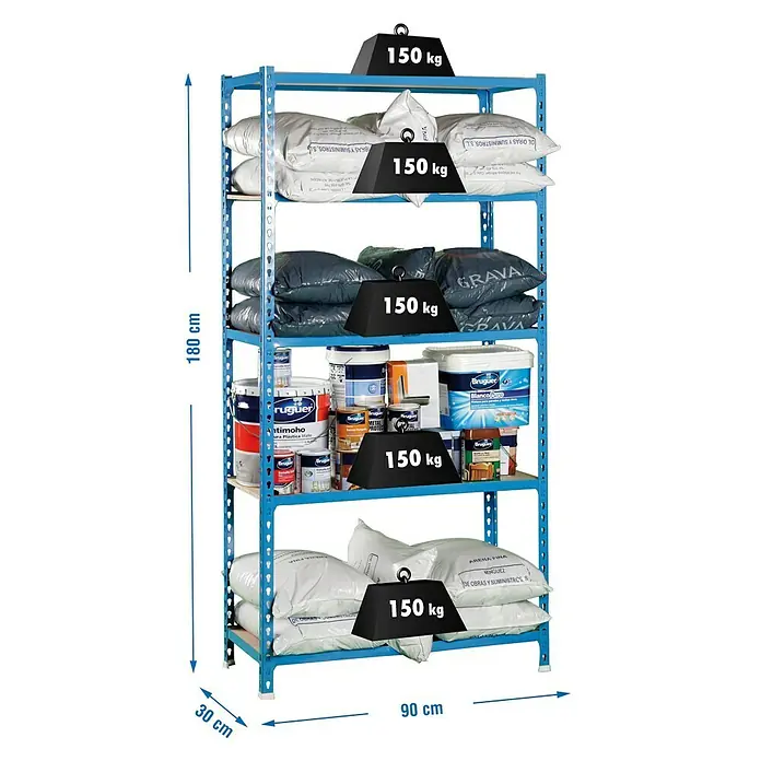 Simonrack Maderclick Estantería metálica - L x An x Al: 30 x 90 x 180 cm, Capacidad de carga: 150 kg/balda, Número de baldas: 5 ud., Inserción, Azul