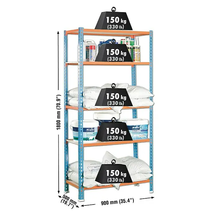 Simonrack Maderclick Estantería metálica - L x An x Al: 50 x 90 x 180 cm, Capacidad de carga: 150 kg/balda, Número de baldas: 5 ud., Inserción, Azul/Naranja