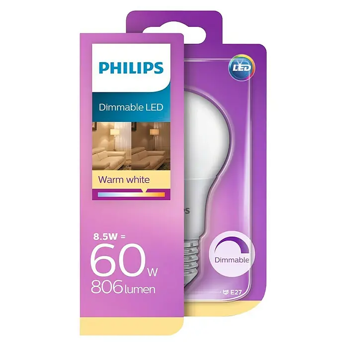 Philips Bombilla LED - 8,5 W, E27, Color de luz: Blanco cálido, Intensidad regulable, Redonda