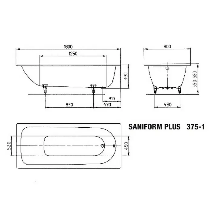 Kaldewei Badewanne Saniform Plus 375-1 - 180 x 80 cm, Stahl-Email, Alpinweiß - Skizze