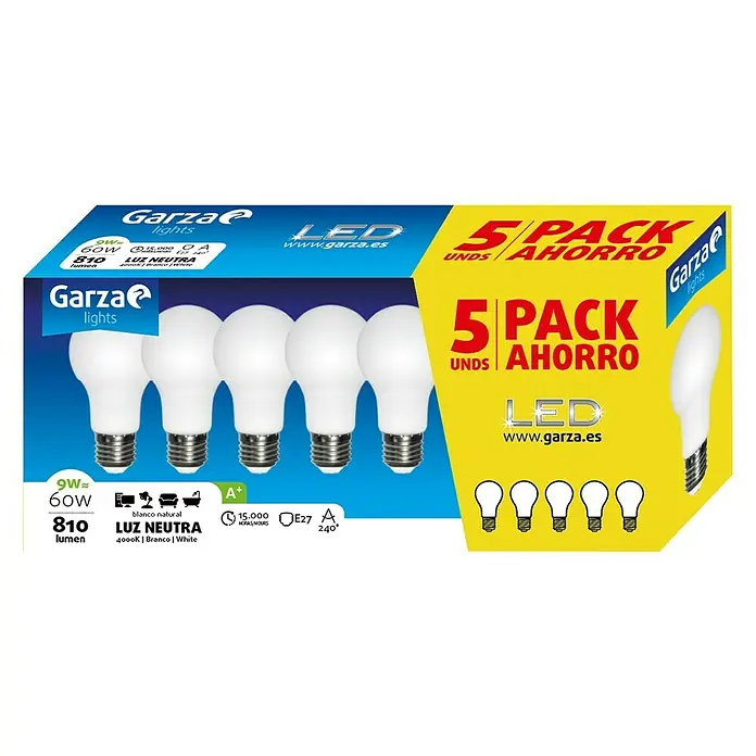 Garza Bombilla LED Pack - 5 uds., E27, 9 W, 810 lm, Blanco neutro