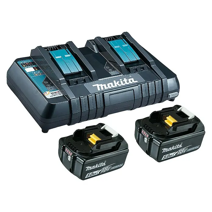 Makita Akku & Ladegerät Power Source Kit mit Doppelladegerät - 18 V, 5 Ah, 2 Akkus - Vorderansicht