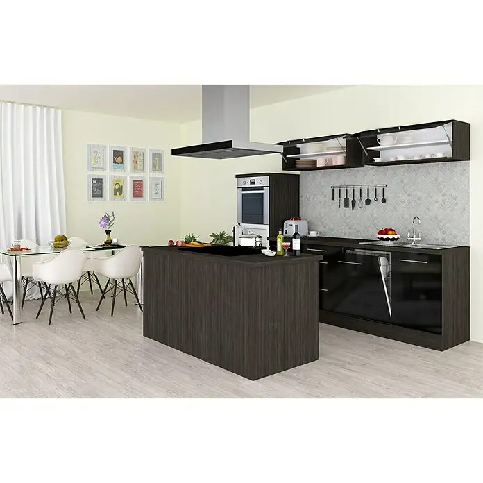 Respekta Premium Inselküche RP280IESCBO - Breite: 280 cm, Mit Elektrogeräten, Schwarz Hochglanz - Stimmungsaufnahme