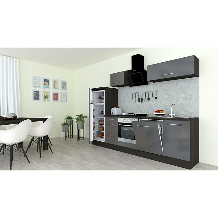 Respekta Premium Küchenzeile RP280EGCBO - Breite: 280 cm, Mit Elektrogeräten, Grau Hochglanz - Stimmungsaufnahme