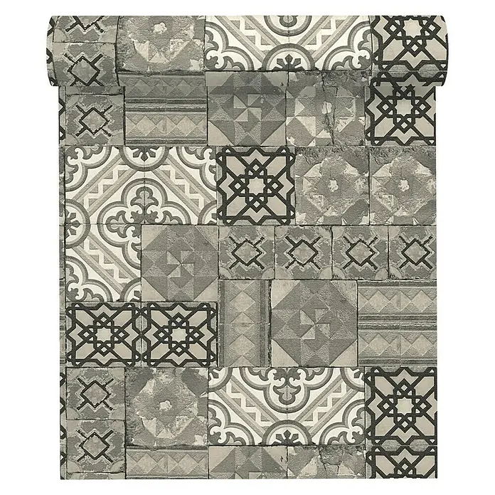 AS Creation Il Decoro Strukturtapete Musterfliese - Schwarz, Fliesenoptik, Reliefstruktur, 10,05 x 0,53 m - Vorderansicht