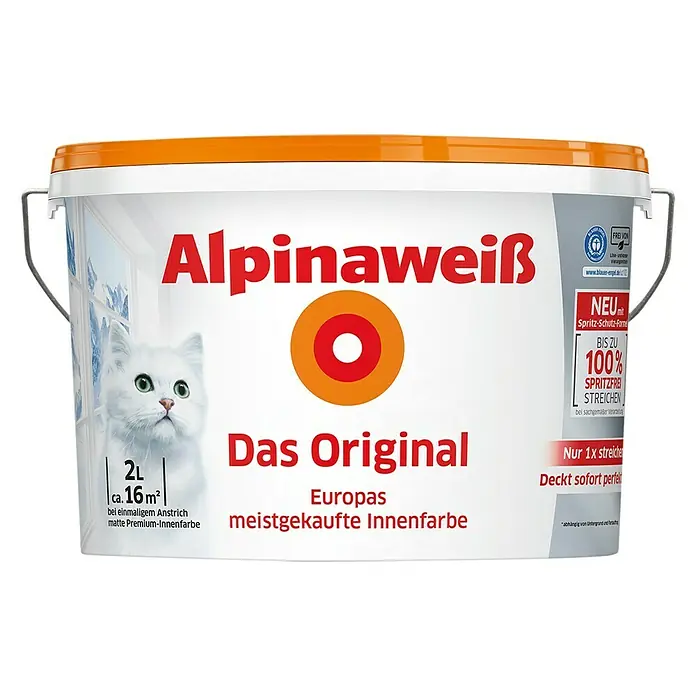 Alpina Alpinaweiß Wandfarbe Das Original - Weiß, 2 l, Matt, Konservierungsmittelfrei - Vorderansicht
