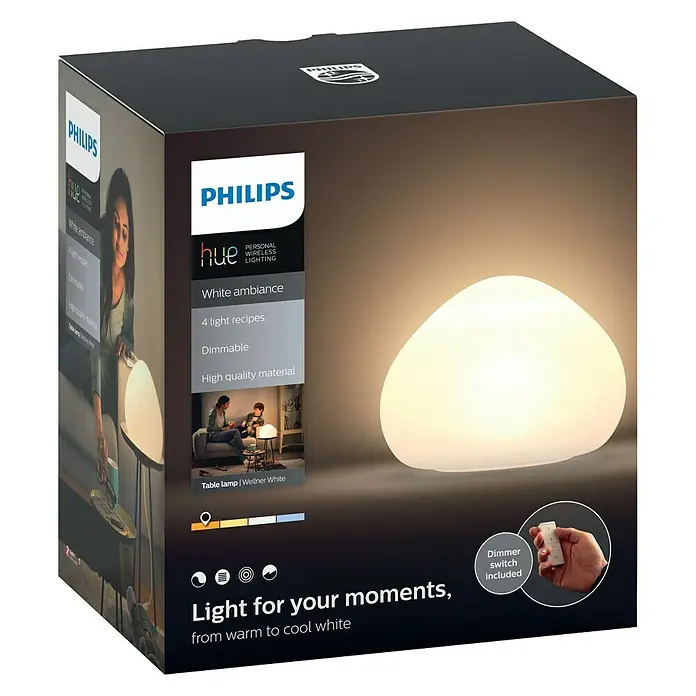 Philips Hue Led-tafellamp Wellner - 9,5 W, l x b x h: 19,2 x 26,8 x 26,8 cm, Wit, Warm wit - Zijaanzicht links
