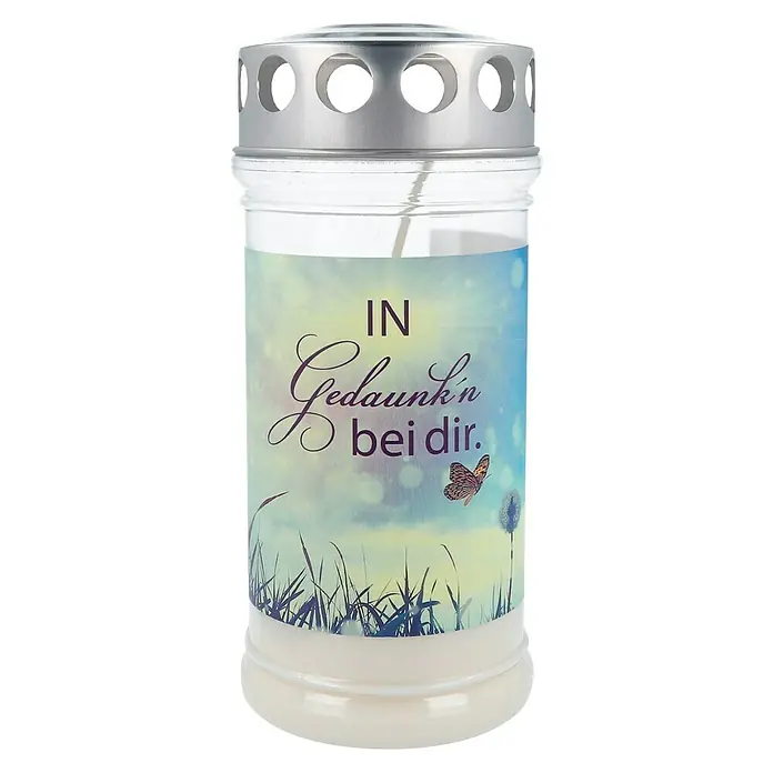 Hofer Friedlicht Grablicht Premium - In Gedaunk'n bei dir, Ø x H: 7 x 17 cm, Brenndauer ca.: 4 Tage