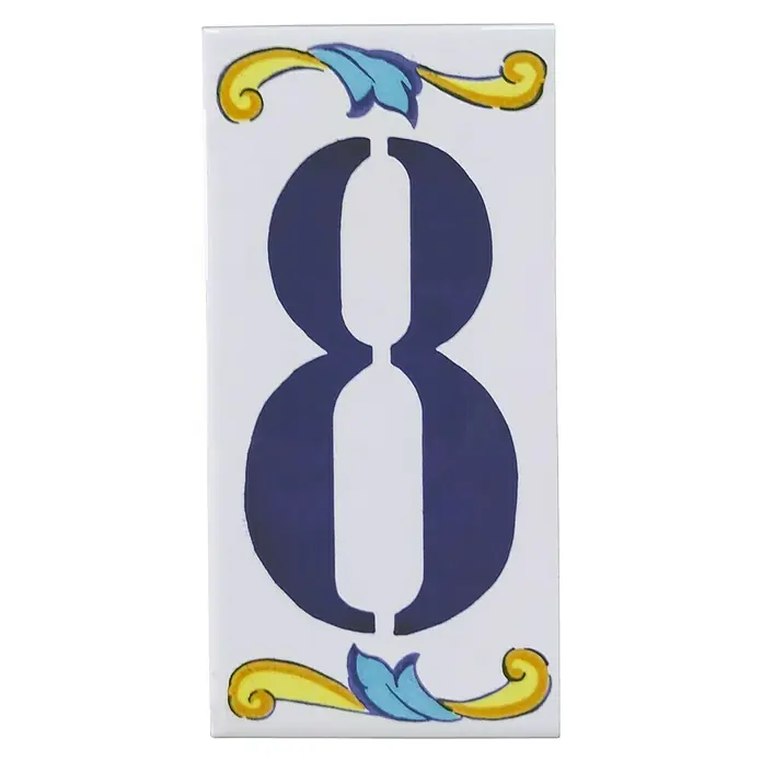 Azulejo de gres Número 8 - 7,5 x 15 cm, Blanco, Azul, Amarillo, Brillante
