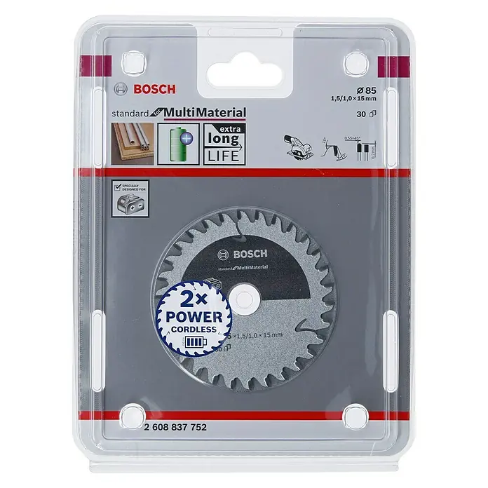 Bosch Cirkelzaagblad - Diameter: 85 mm, Boorgat: 15 mm, Aantal tanden: 30 tanden - Vooraanzicht