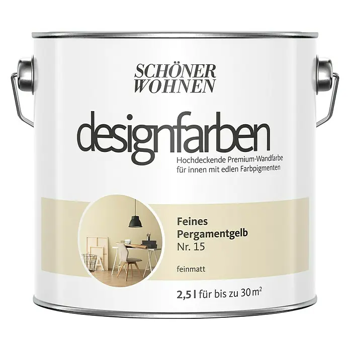 SCHÖNER WOHNEN-Farbe Wandfarbe Designfarbe - Feines Pergamentgelb, 2,5 l, Matt - Vorderansicht