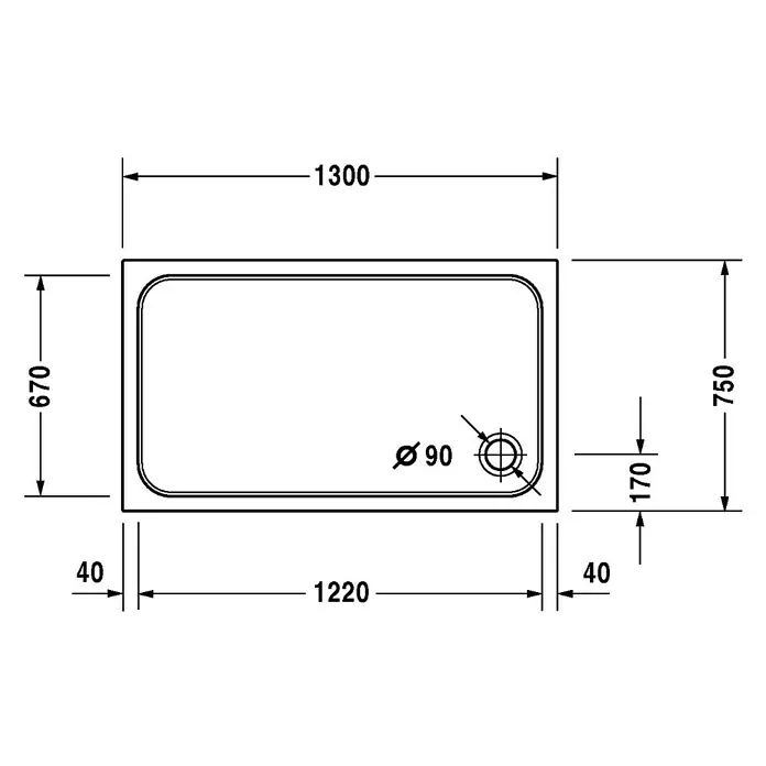 Duravit D-Code Duschwanne - L x B: 130 x 75 cm, Kunststoff, Weiß, Mit Antirutsch-Oberfläche, Rechteckig - Skizze
