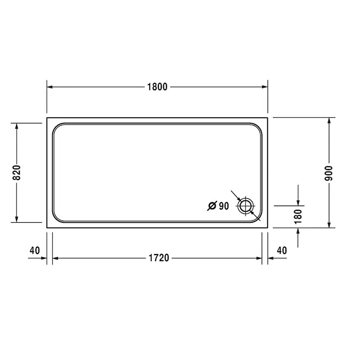 Duravit D-Code Duschwanne - L x B: 180 x 90 cm, Kunststoff, Weiß, Mit Antirutsch-Oberfläche, Rechteckig - Skizze