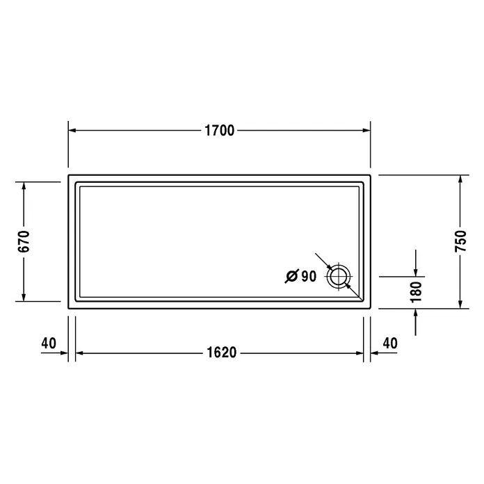 Duravit Duschwanne Starck Slimline - L x B: 170 x 75 cm, Kunststoff, Weiß, Ohne Antirutsch-Oberfläche - Skizze