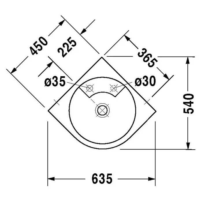 Duravit Architec Waschtisch - 63,5 x 54 cm, Ohne Spezialglasur, Hahnloch: Mitte, Ohne Überlauf, Weiß - Skizze
