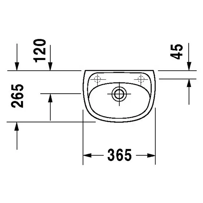 Duravit Duraplus Waschbecken Compact - 36,5 x 26,5 cm, Ohne Spezialglasur, Hahnloch: Links, Mit Überlauf, Bahamabeige - Skizze