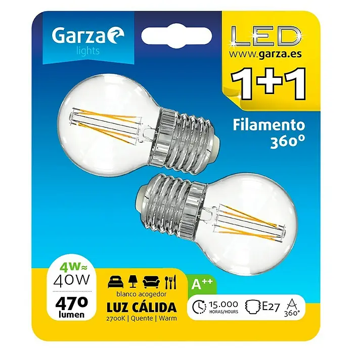 Garza Bombilla LED - 2 uds., E27, 2 x 4 W, Blanco cálido, 470 lm