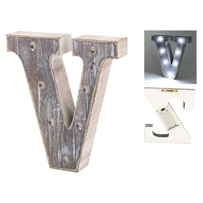 Letra LED de madera - V, Marrón oscuro, Color de luz: Blanco neutro