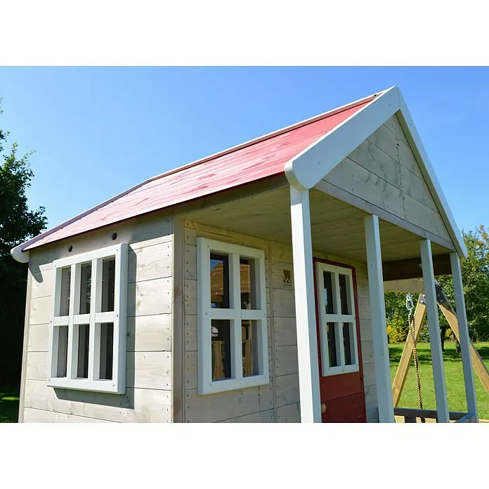 Wendi Toys Spielhaus Alpaka - 290 x 350 cm, Holz, Natur/Rot - Detailaufnahme