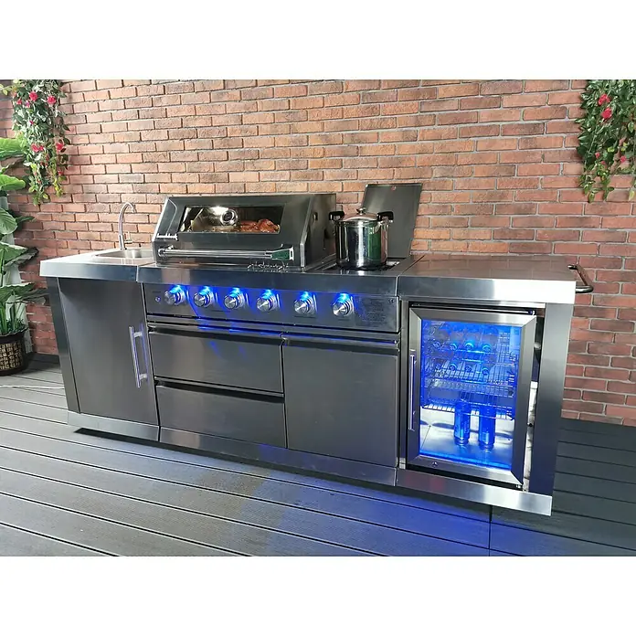 Buschbeck Outdoorküche Oxford - L x B x H: 244 x 60 x 124 cm, Edelstahl, Hauptgrillfläche: 70 x 45 cm, Anzahl Brenner: 4 - Rechte Seitenansicht