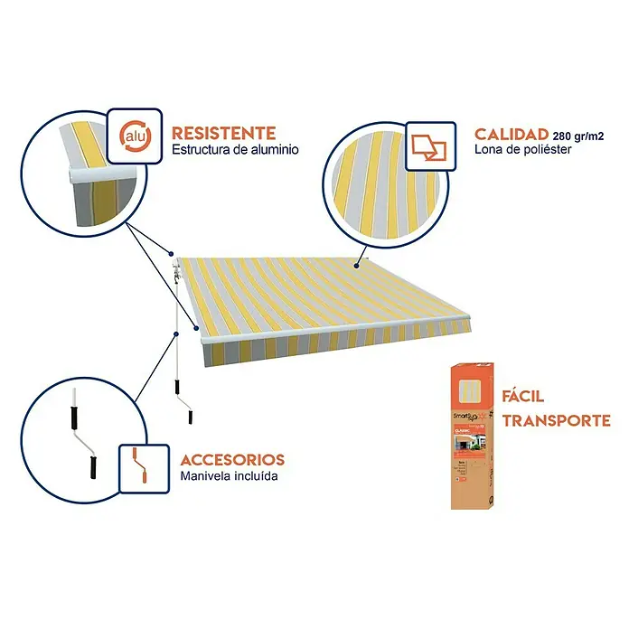 SmartSun Toldo de brazos articulados Original Kit Poliéster - Amarillo / gris, Ancho: 4 m, Caída: 2,5 m