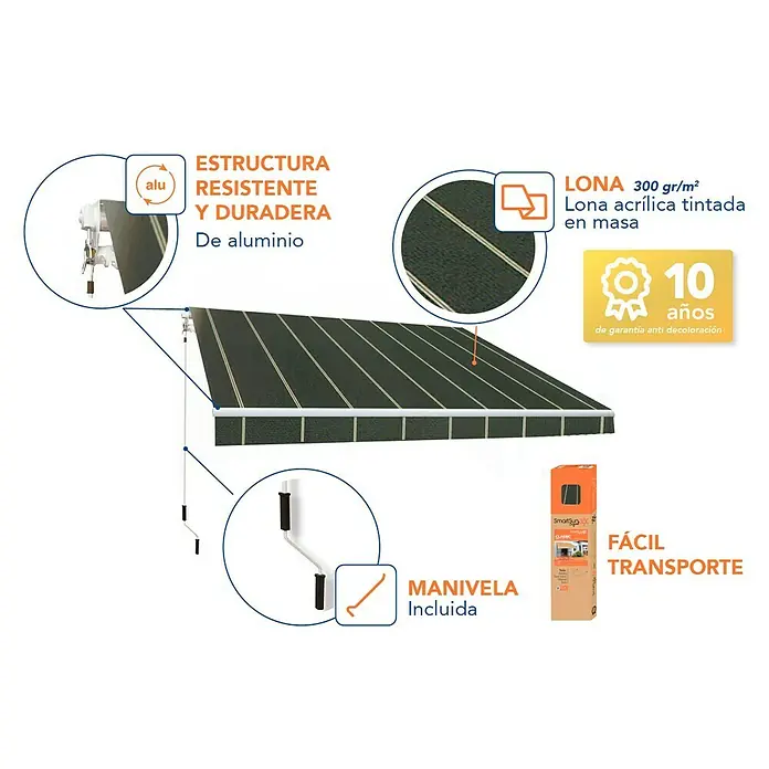 SmartSun Toldo de brazos articulados Original Kit Acrílico - Gris oscuro, Ancho: 3 m, Caída: 2 m