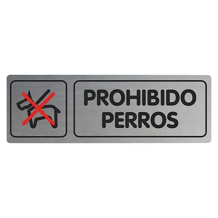 Rótulo - Plateado/Negro, Prohibido el paso a perros, 18 x 5 cm