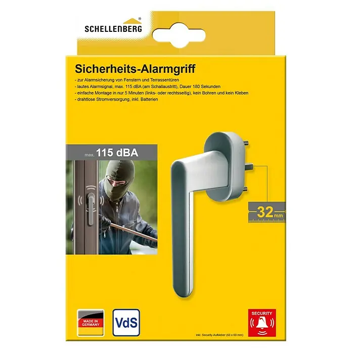 Schellenberg Alarm-Fenstergriff - Vierkantstift: 32 mm, Silber, DIN Anschlag: Links/Rechts - Vorderansicht