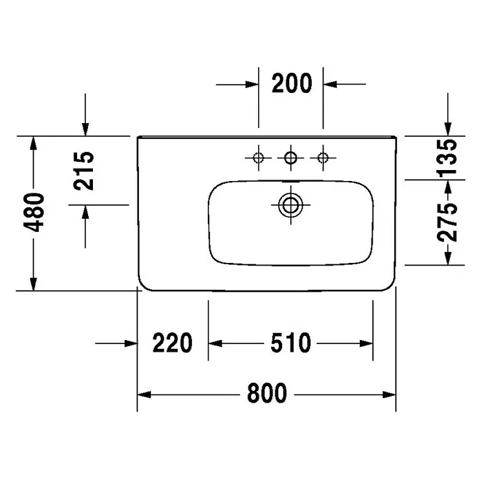 Duravit DuraStyle Waschtisch - 80 x 48 cm, Ohne Spezialglasur, Hahnloch: Ohne, Mit Überlauf, Weiß, Ablagefläche: Links - Skizze
