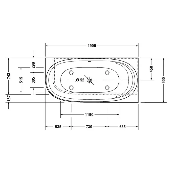 Duravit Cape Cod Badewanne - 190 x 90 cm, Raumecke Rechts, Mineralguss, Weiß - Vorderansicht