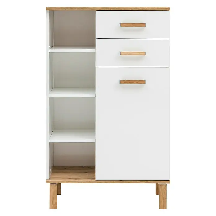 Schildmeyer Padua Highboard - 67 x 35 x 115 cm, Weiß/Eiche - Vorderansicht