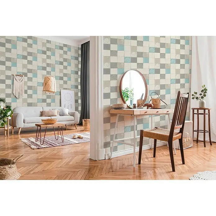AS Creation New Walls Vliestapete Fliese - Türkis, Fliesenoptik, 10,05 x 0,53 m - Stimmungsaufnahme