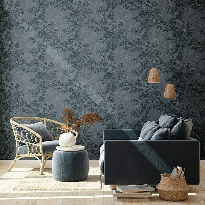 AS Creation New Walls Vliestapete Bäume - Blaugrau, Floral, 10,05 x 0,53 m - Stimmungsaufnahme