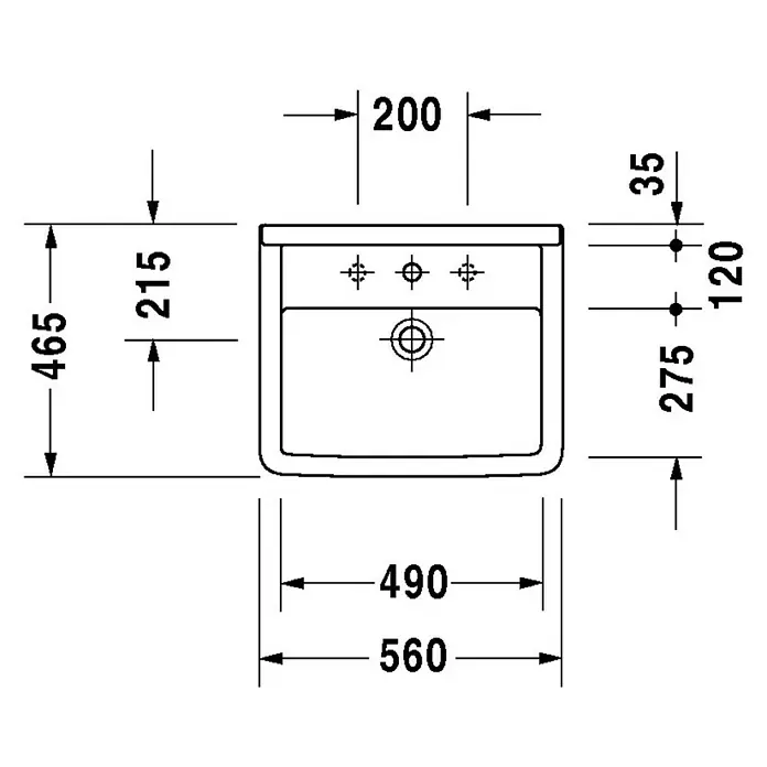 Duravit Starck 3 Einbauwaschbecken - 56 x 46,5 cm, Mit schmutzabweisender Glasur, Hahnloch: Mitte, Mit Überlauf, Weiß - Skizze