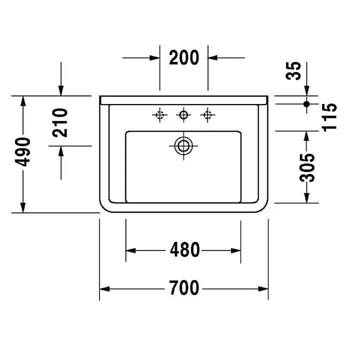 Duravit Starck 3 Waschtisch Typ 3 - 70 x 49 cm, Mit schmutzabweisender Glasur, Anzahl Hahnlöcher: 1, Mit Überlauf, Weiß - Skizze