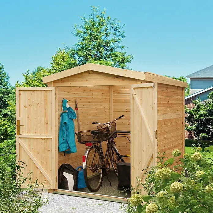 Gerätehaus - Außenbreite inkl. Dachüberstand: 164 cm, Außentiefe inkl. Dachüberstand: 223 cm, Holz, Natur - Stimmungsaufnahme