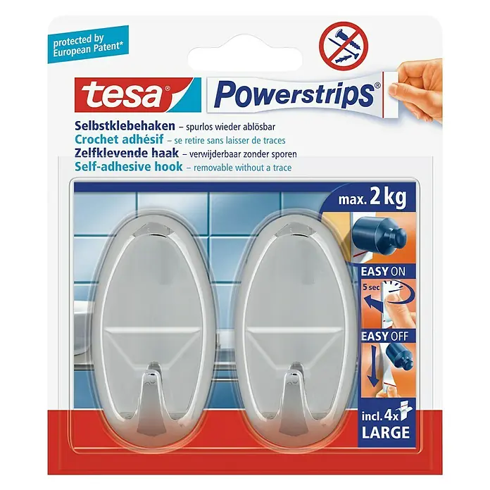 Tesa Powerstrips Samoljepljivi držač - Ovalno, Veličina: L, Krom, 2 Kom. - Pogled sprijeda