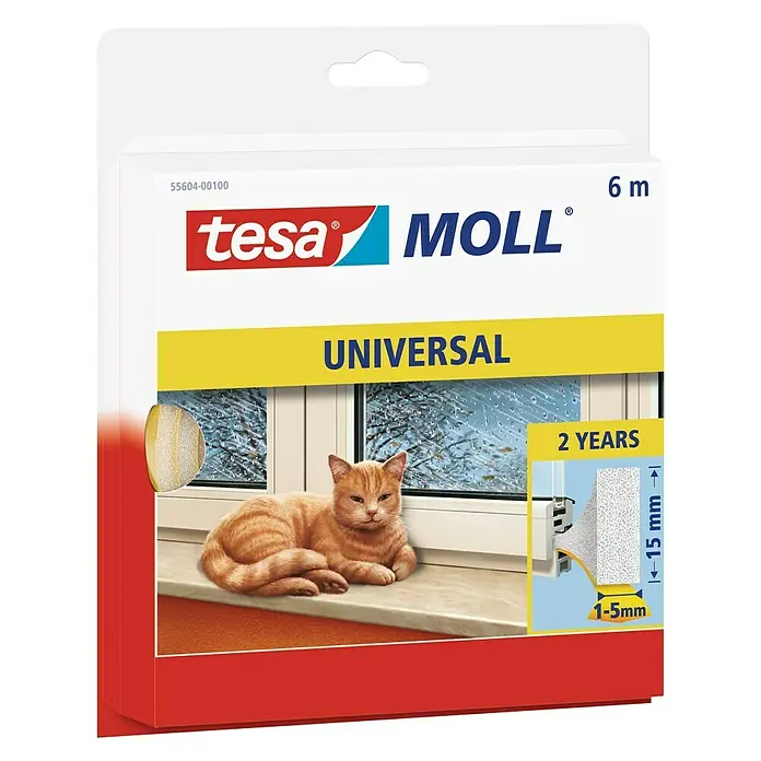 Tesa MOLL Schaumstoffdichtung Universal - Weiß, 6 m x 15 mm x 6 mm, Geeignet für: Spaltenbreiten 1 - 5 mm - Vorderansicht